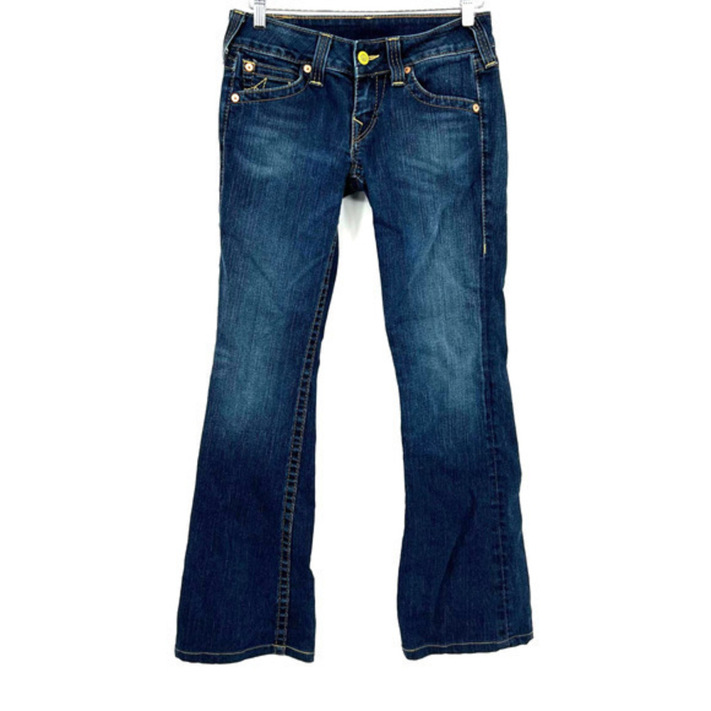 True Religion back pocket logo bootcut denim blue jeans western style size 29